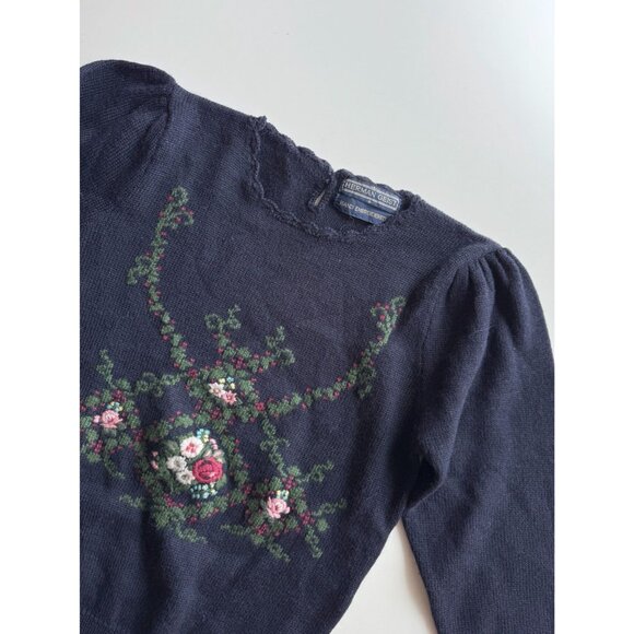 Vintage 90's HERMAN GEIST Navy Blue Knit Hand Embroidered Floral Sweater, Size S - Picture 6 of 12